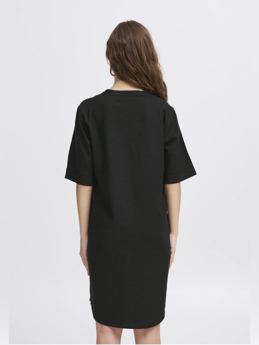 ICHI IHLINO Linen Day Dress Minimal Black Split-Neck Shift Dress Euro Summer - Picture 7 of 15